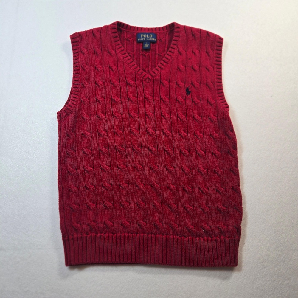 Polo Ralph Lauren Sweater Vest Kids Size 7 Red Cable Knit V-Neck Cotton